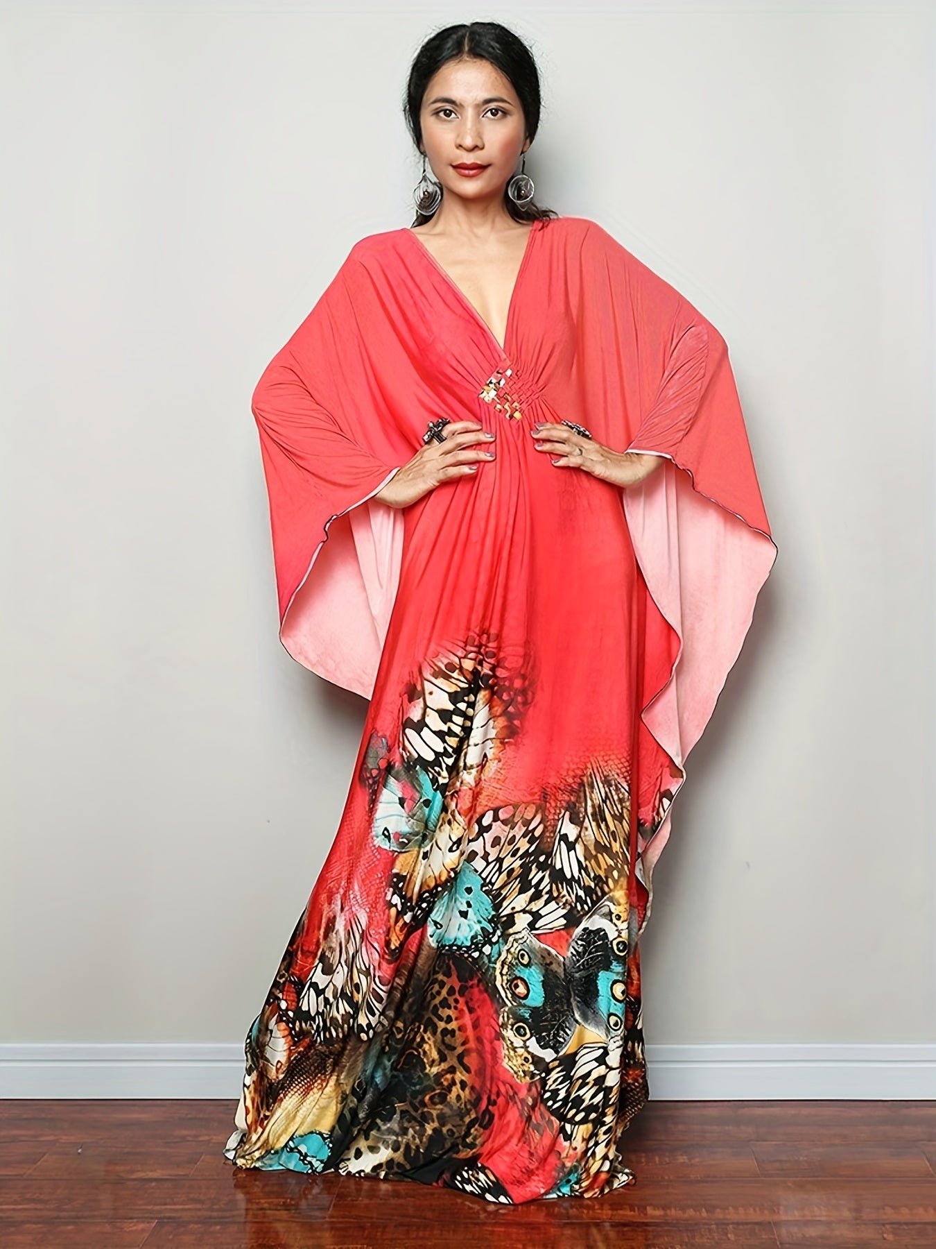 Floral Print Kaftan Dress V Neck Beach Vacation Dress For Spring & Summer
