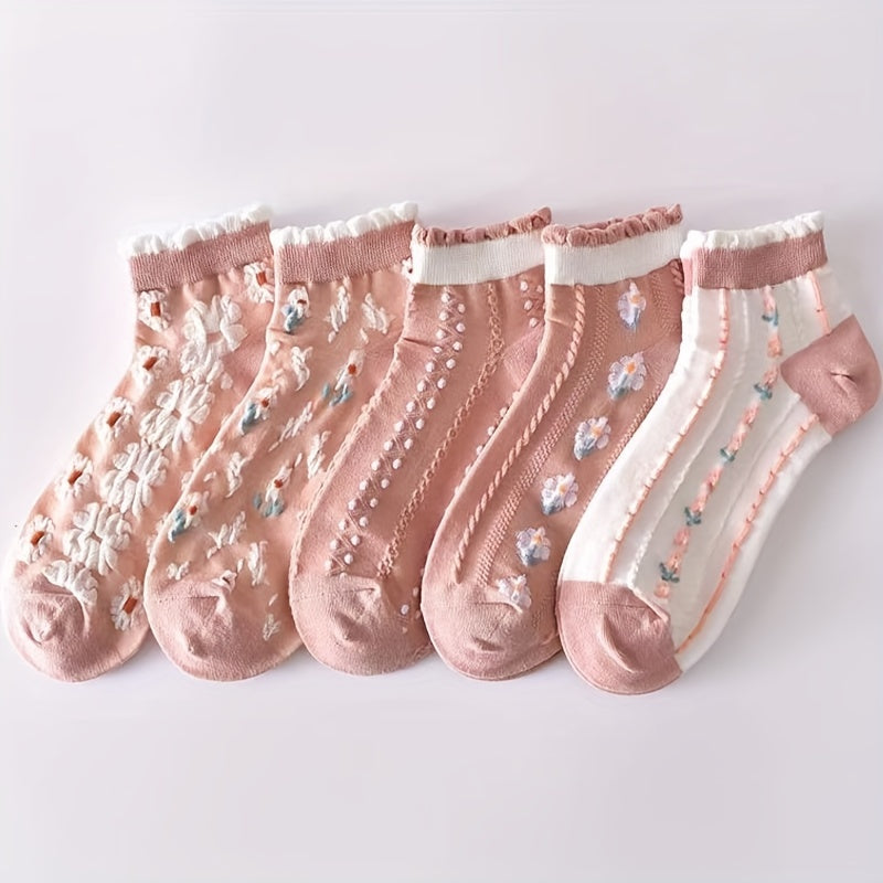 6 Pairs Floral Print Socks & Lightweight Low Cut Ankle Socks