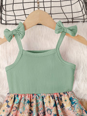 Girl's Butterfly Bow Tie Shoulder Splicing Flower Pattern Suspender Dress