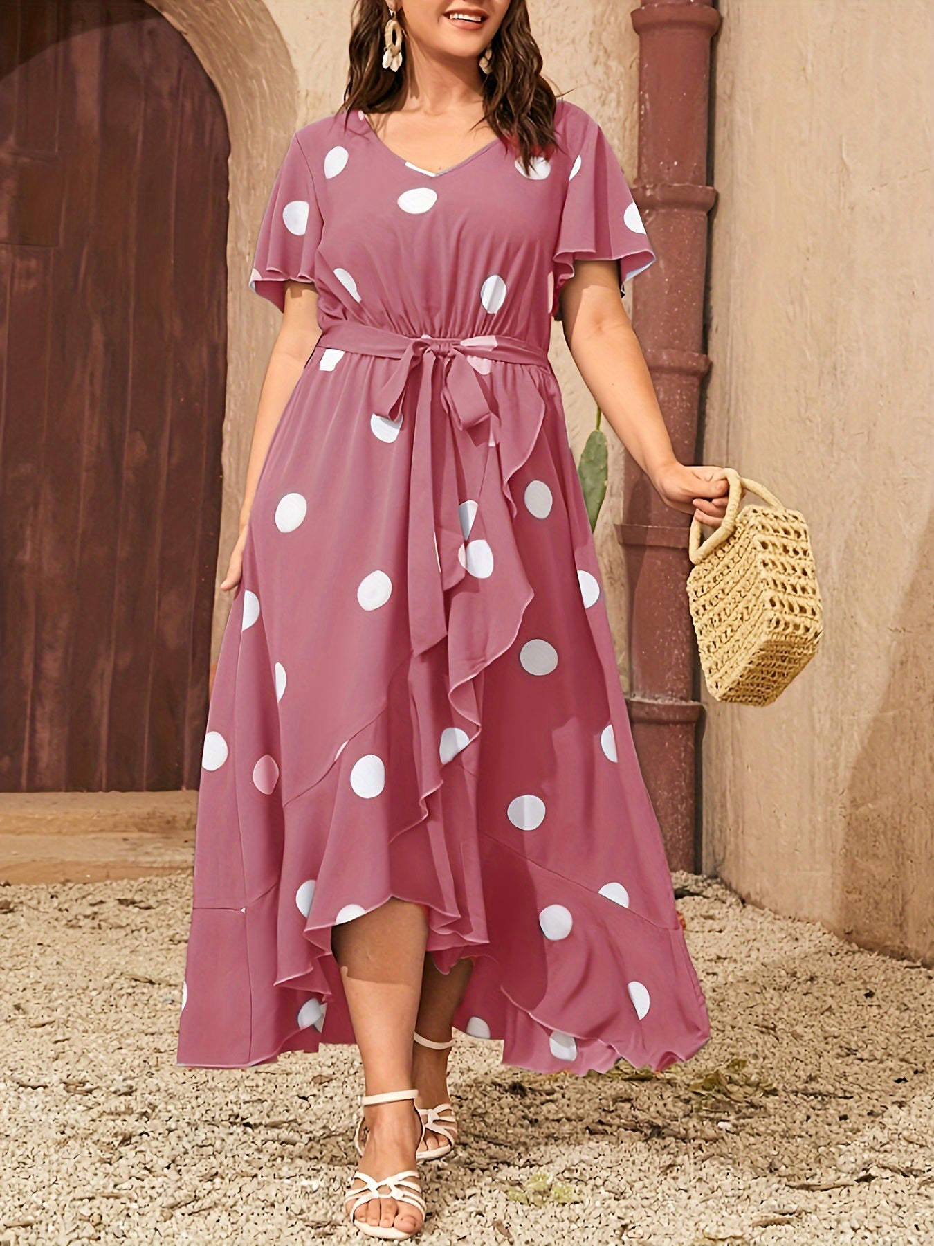  Boho Dress Women's Plus Dot Print Wrap Dress