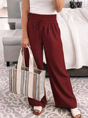  Solid Elastic Drawstring High Rise Wide Leg Trousers