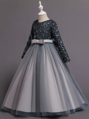 Girls Long Sleeve Tulle Sequined Ball Gown Dress