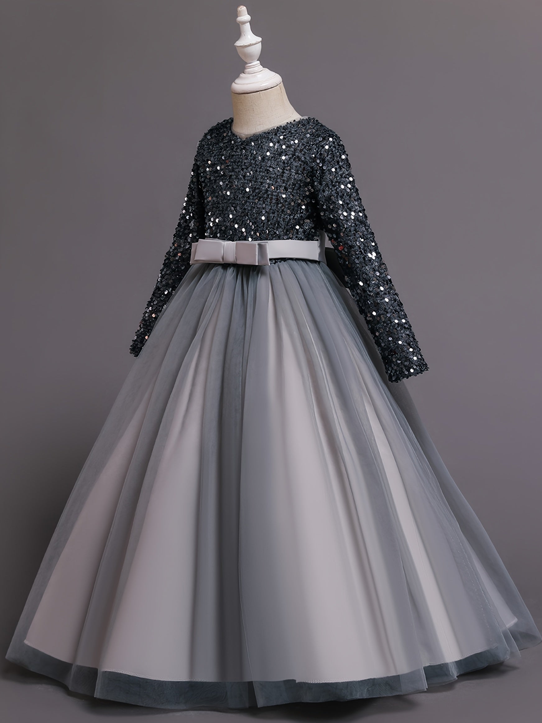Girls Long Sleeve Tulle Sequined Ball Gown Dress