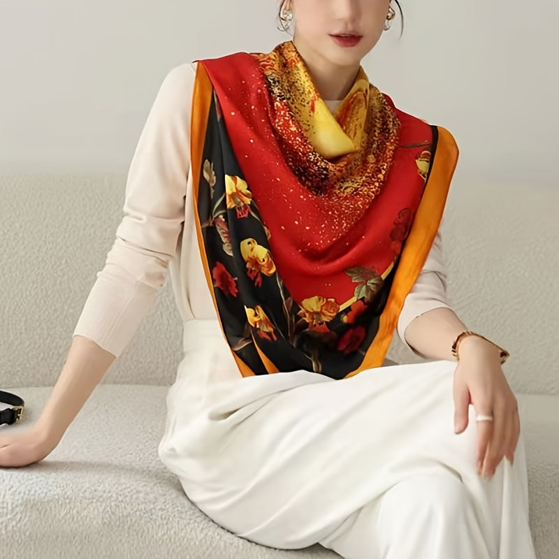 Vintage Flower Print Square Scarf Silk Shawl Casual Windproof Head Wrap Sunscree