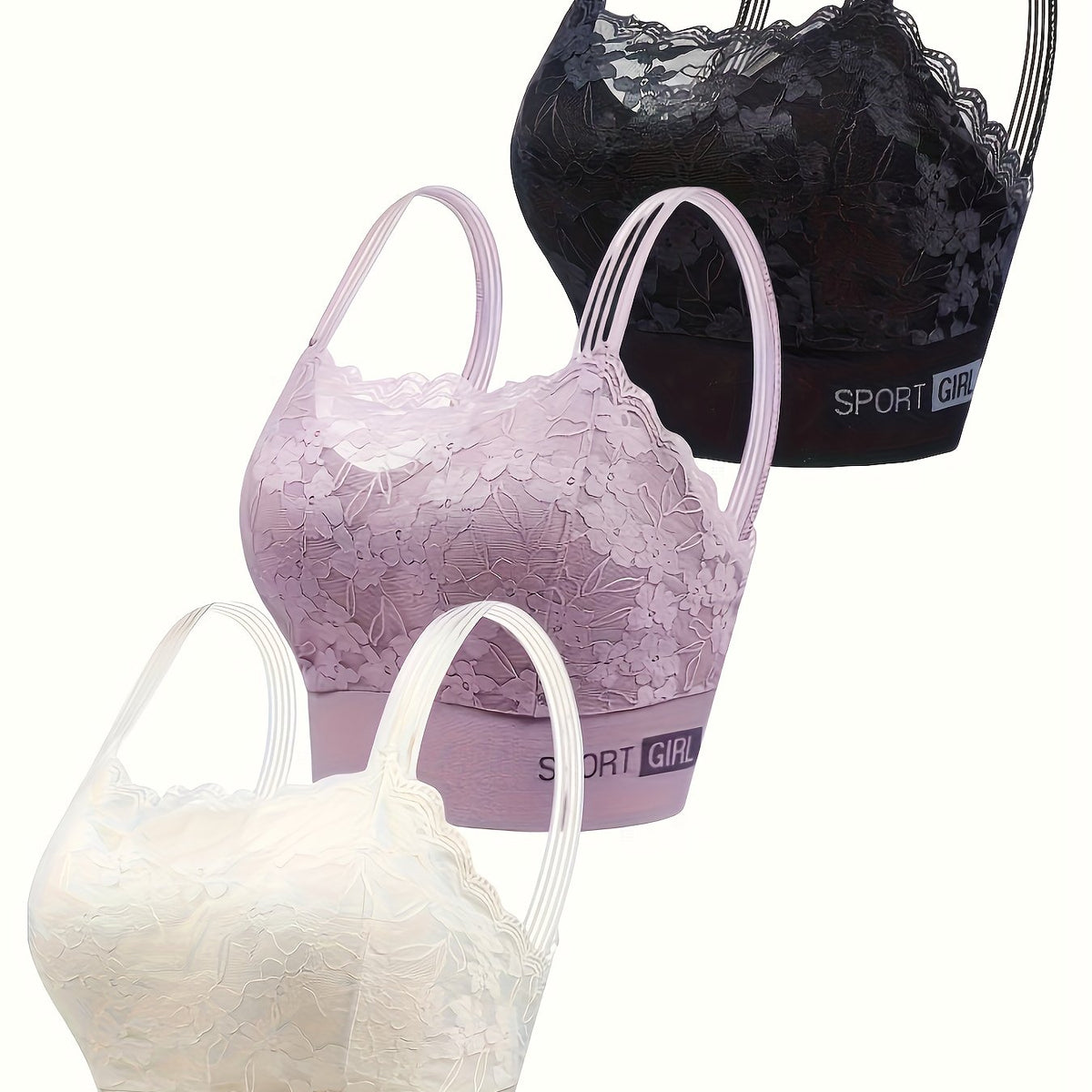 3pcs Wireless Lace Bras Scallop Trim Comfy & Breathable Women's Lingerie