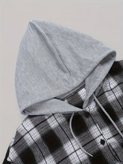  Plaid Print Long Sleeve Hooded Button Up Top