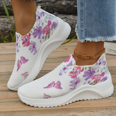 Women's Floral & Butterfly Print Slip-On Sneakers Breathable Knit Sock Shoes