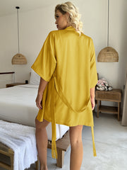 Solid Satin Night Robe 3 4 Sleeve V Neck Robe With Belt Women's Sleepwear