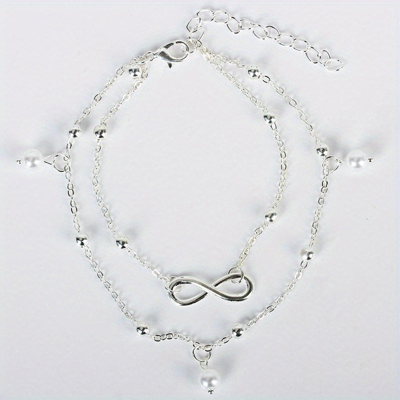 Double Layer Chain Anklet with Pearls Pendant & Infinity Symbol Beads