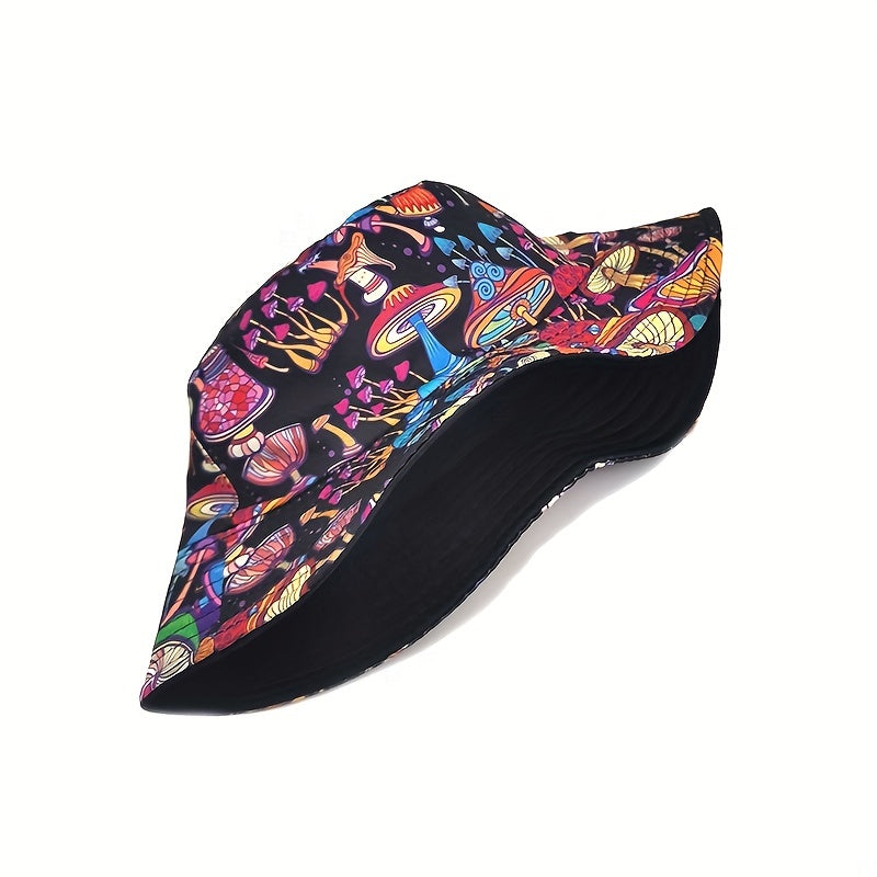 Mushroom Print Reversible Bucket Hat Hip Hop Casual Fisherman Cap Unisex