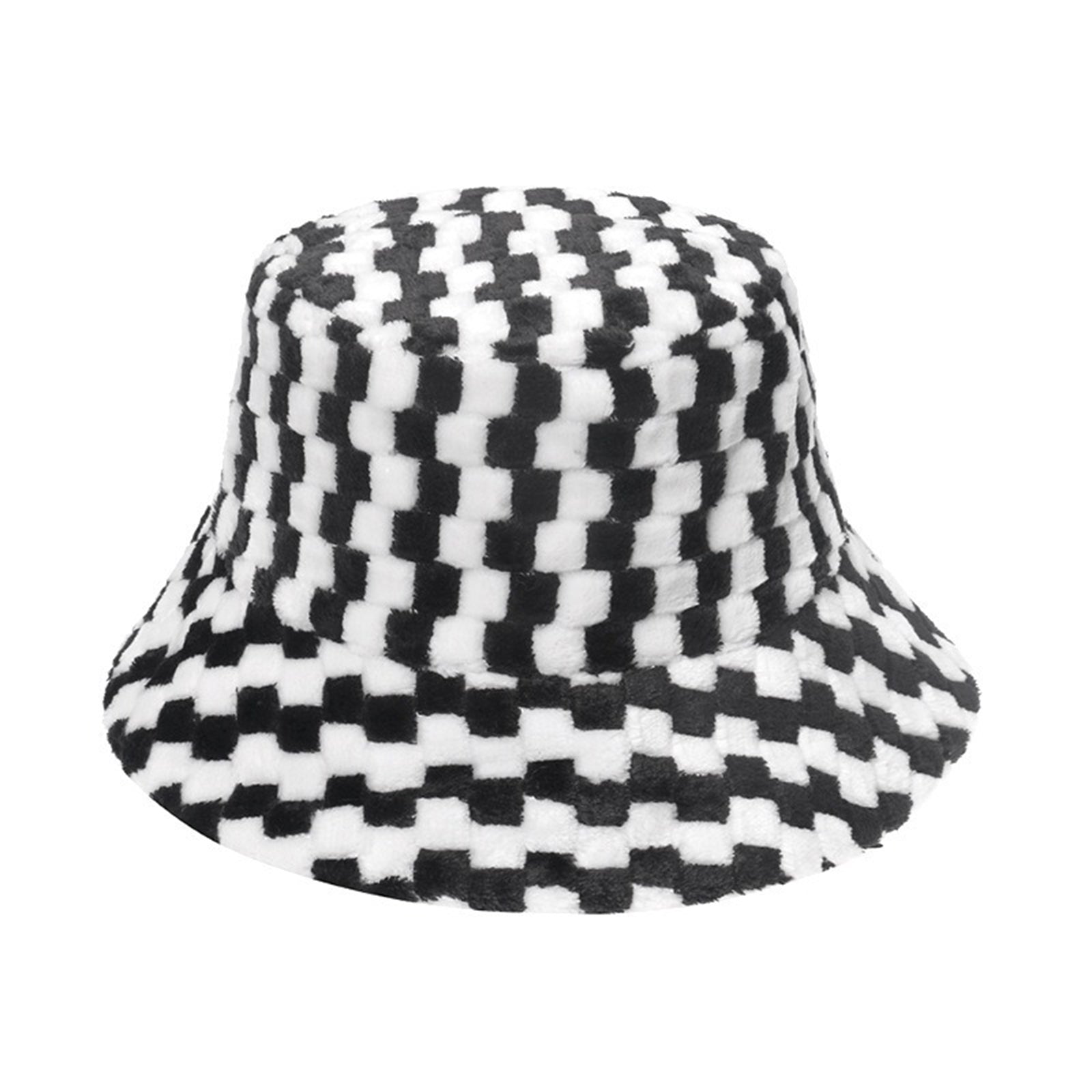 Women's Plaid Faux Fur Bucket Hat Warm Fisherman Hat for Cold Weather