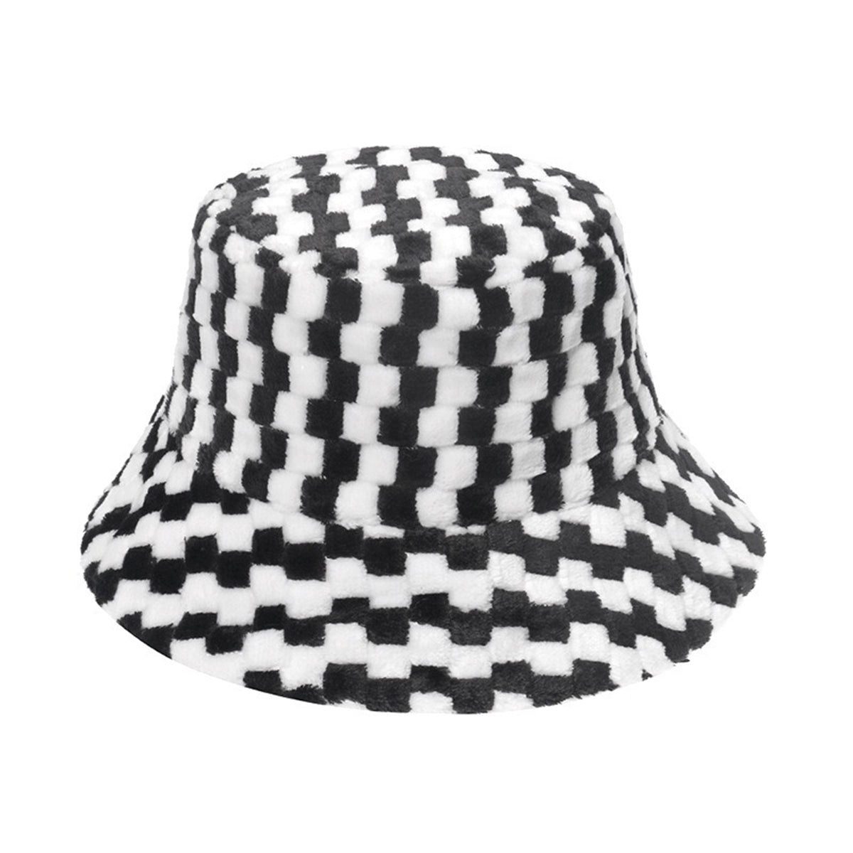 Women's Plaid Faux Fur Bucket Hat Warm Fisherman Hat for Cold Weather