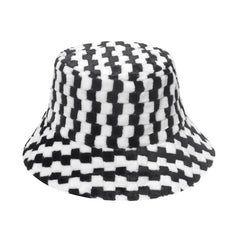 Women's Plaid Faux Fur Bucket Hat Warm Fisherman Hat for Cold Weather