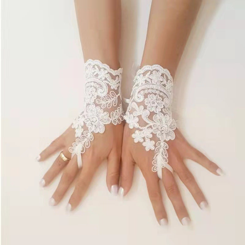 Floral Lace Fingerless Bridal Gloves with Flowers and Bow Accents