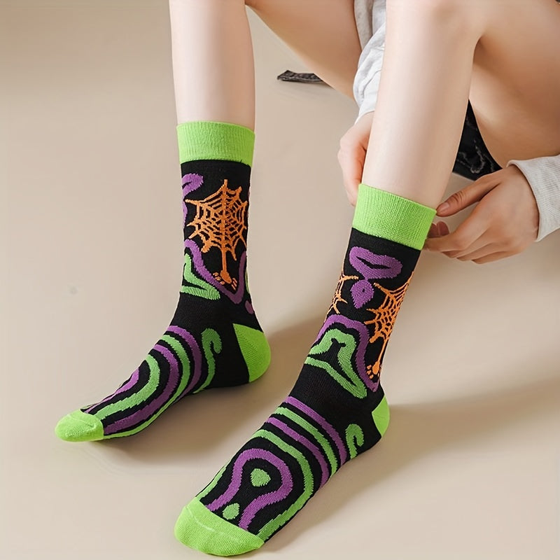 5 Pairs Pumpkin & Skull Print Socks Funny Halloween Crew Socks Women's Stockings