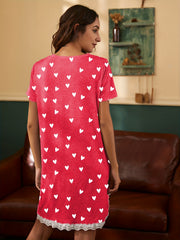 Heart Print NightDress Lace Trim Pajama Dress Women's Sleepwear