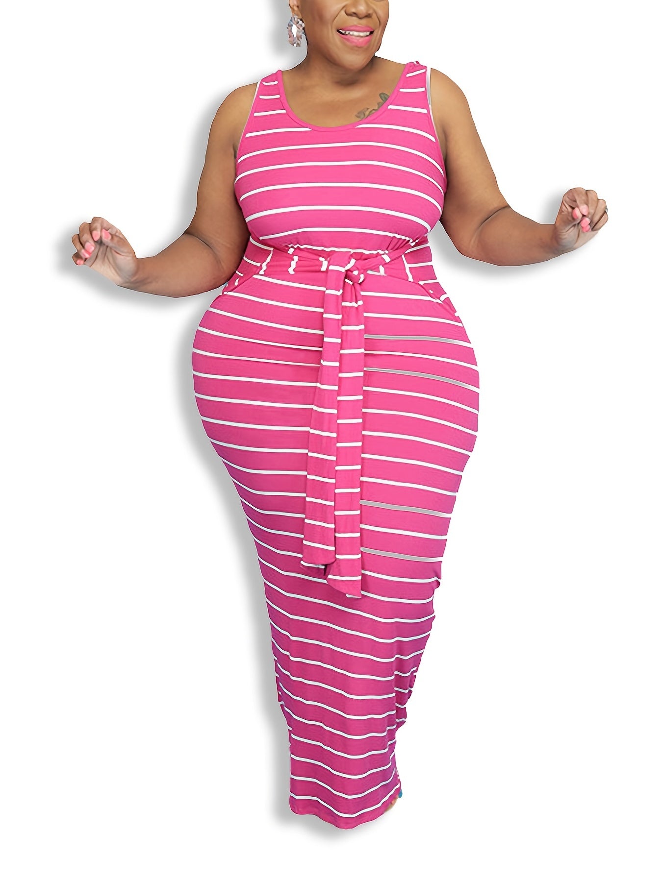  Striped Lace Up Maxi Dress with Belt