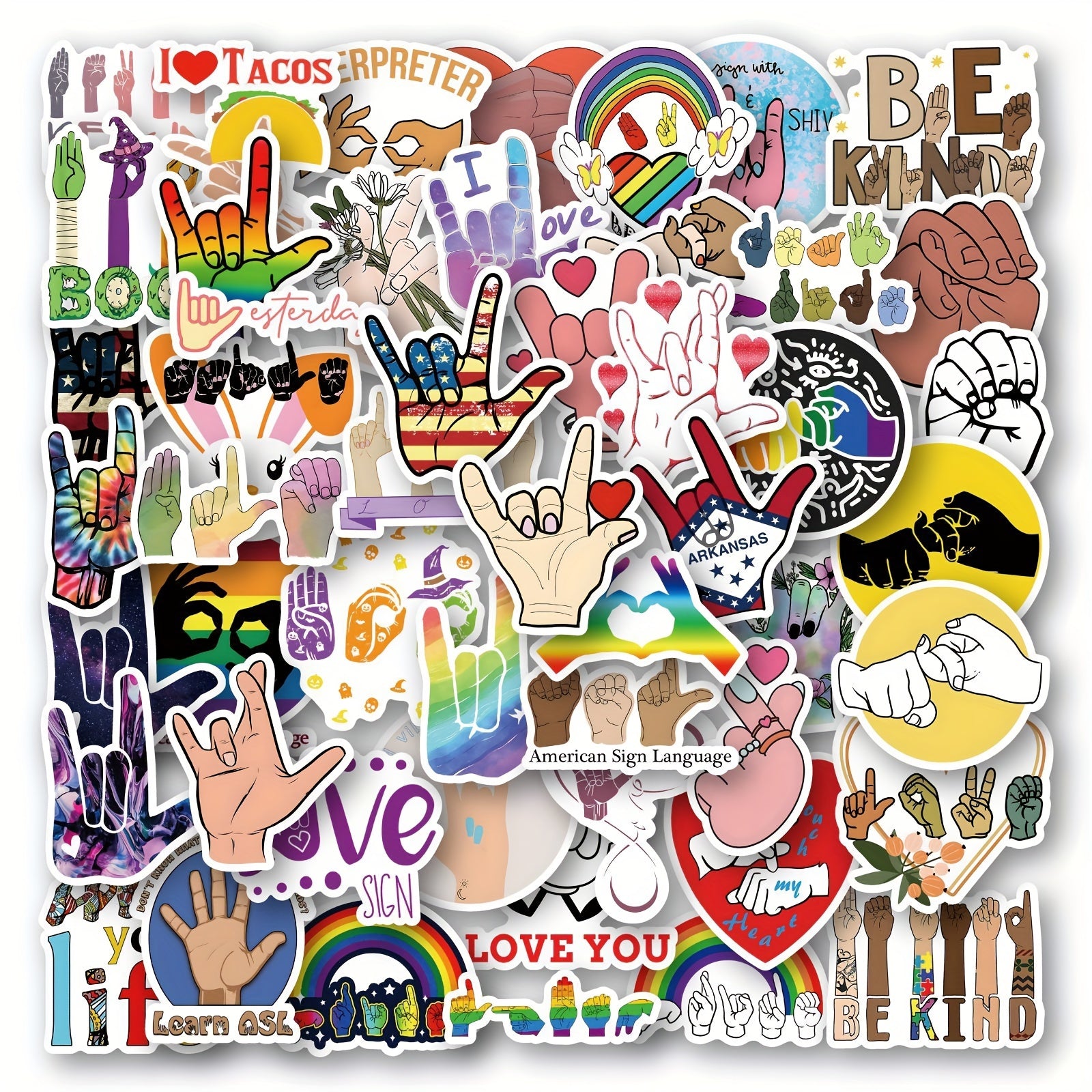 50pcs ASL Waterproof Vinyl Stickers for Water Bottle Laptop Luggage