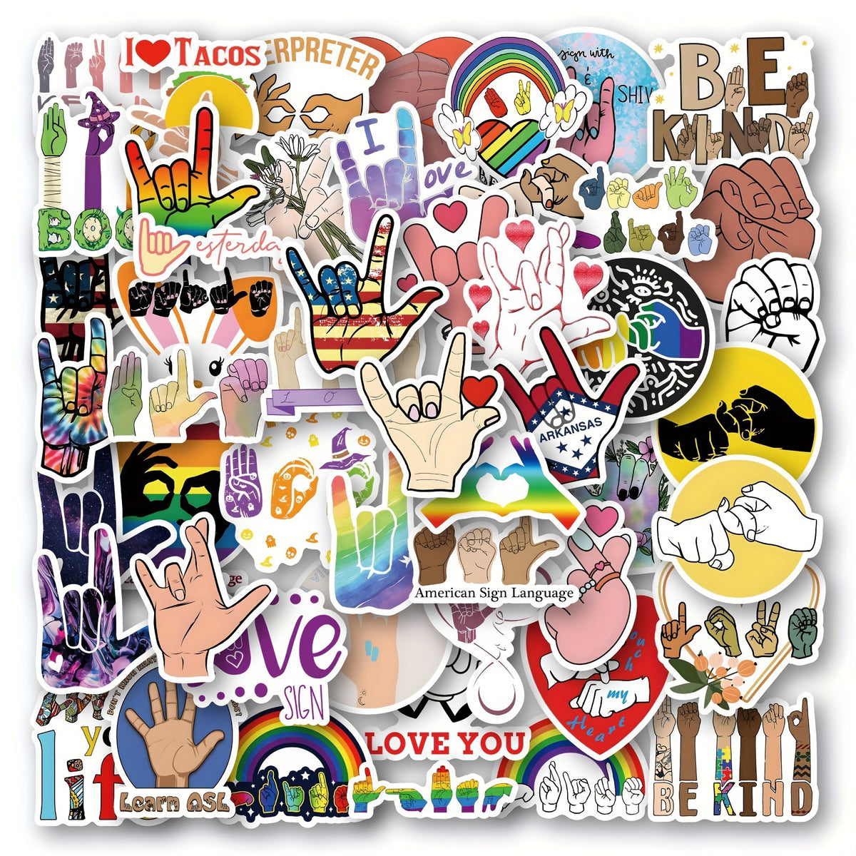 50pcs ASL Waterproof Vinyl Stickers for Water Bottle Laptop Luggage