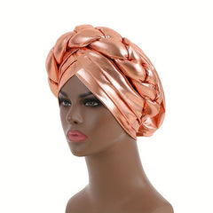 Champagne Three layer Turban Cap Hot Stamping Braided Hijab Hat