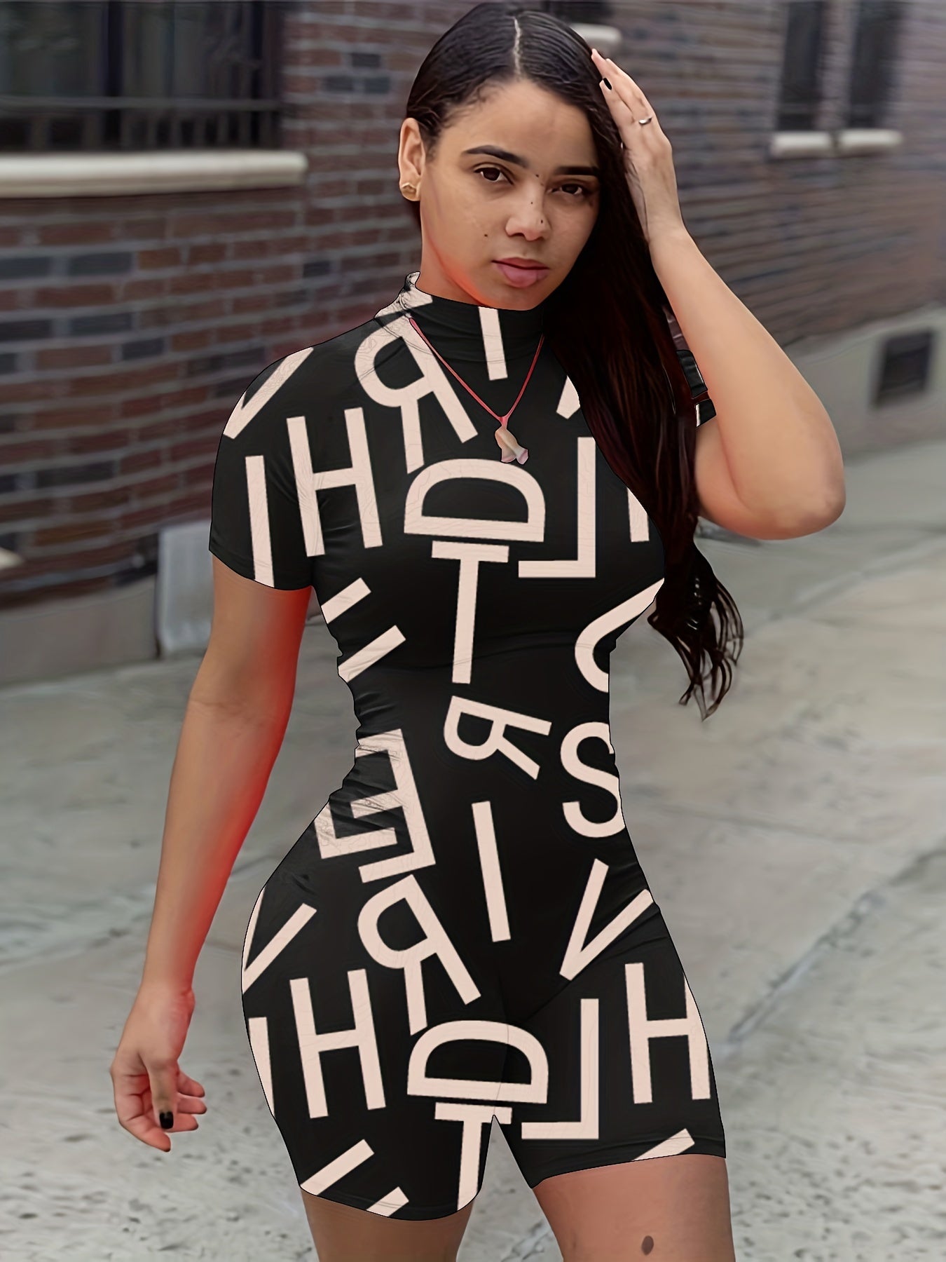 Graphic Print Slim Fit Zipper Rompers