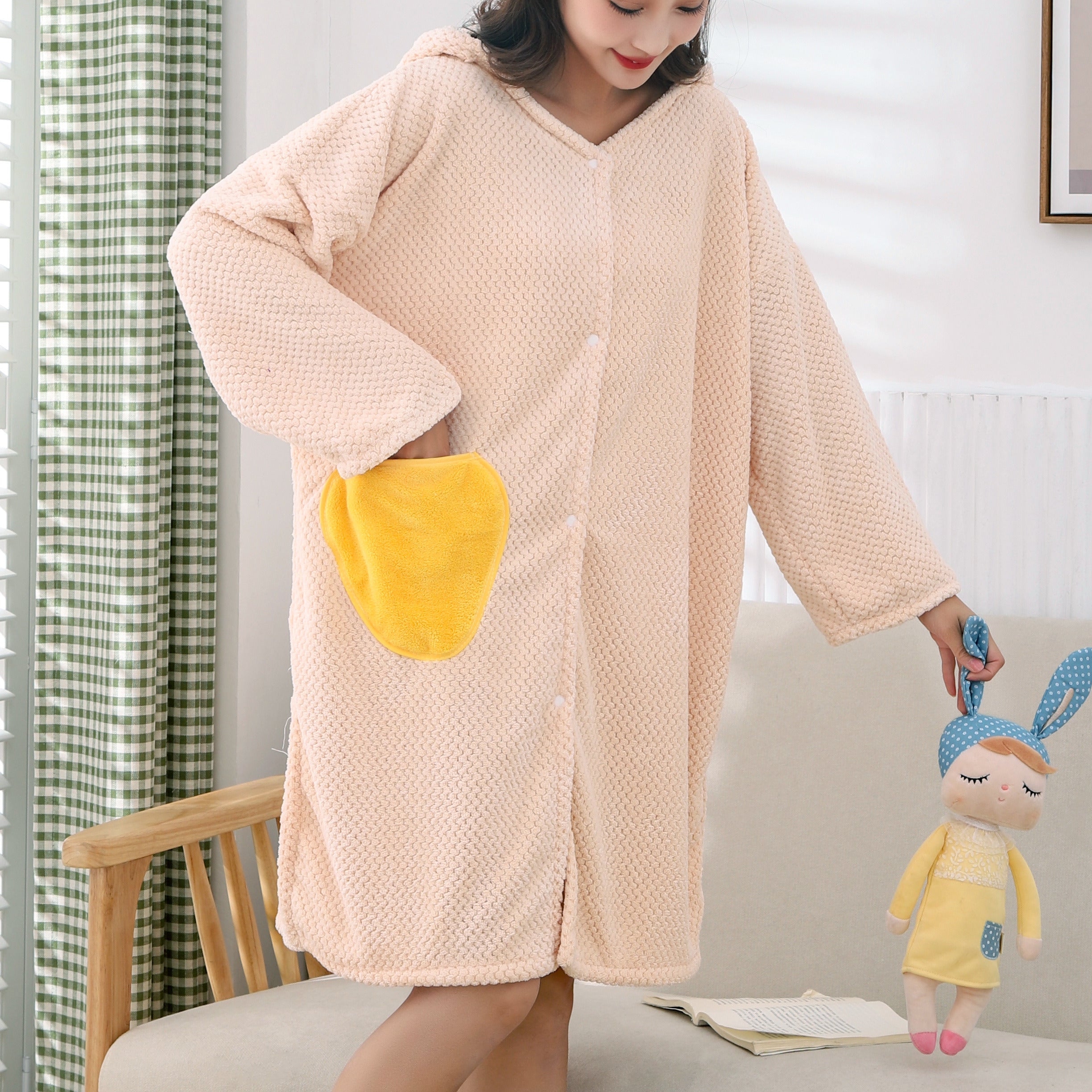 Women's Hooded Bathrobe with Towel for Shower and Spa