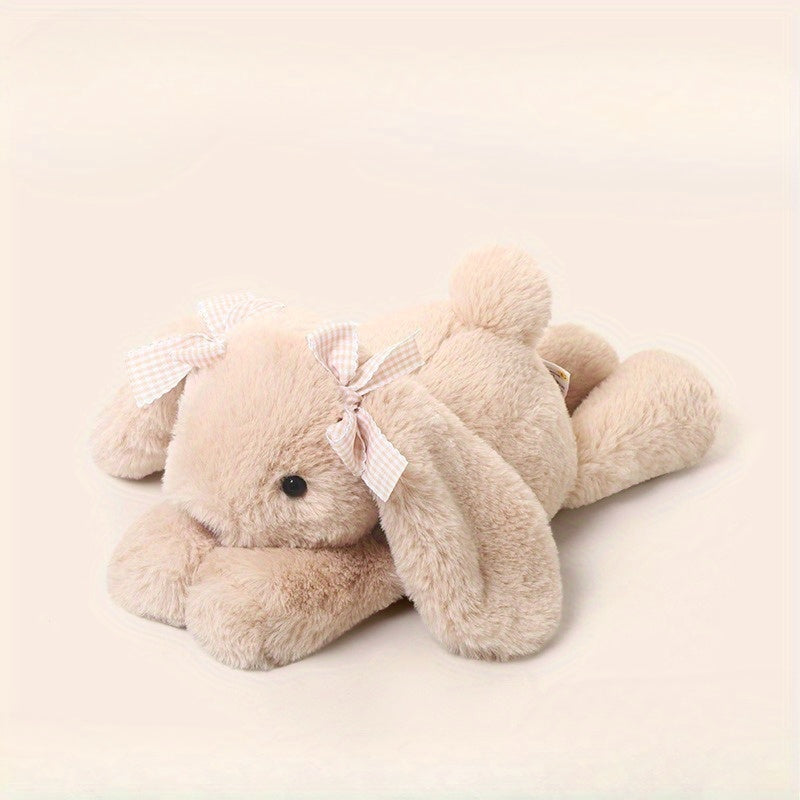 Soft Beige Rabbit Plush w/ Expressive Eyes & Fluffy Ears Pink Bow Tie Stuffed An