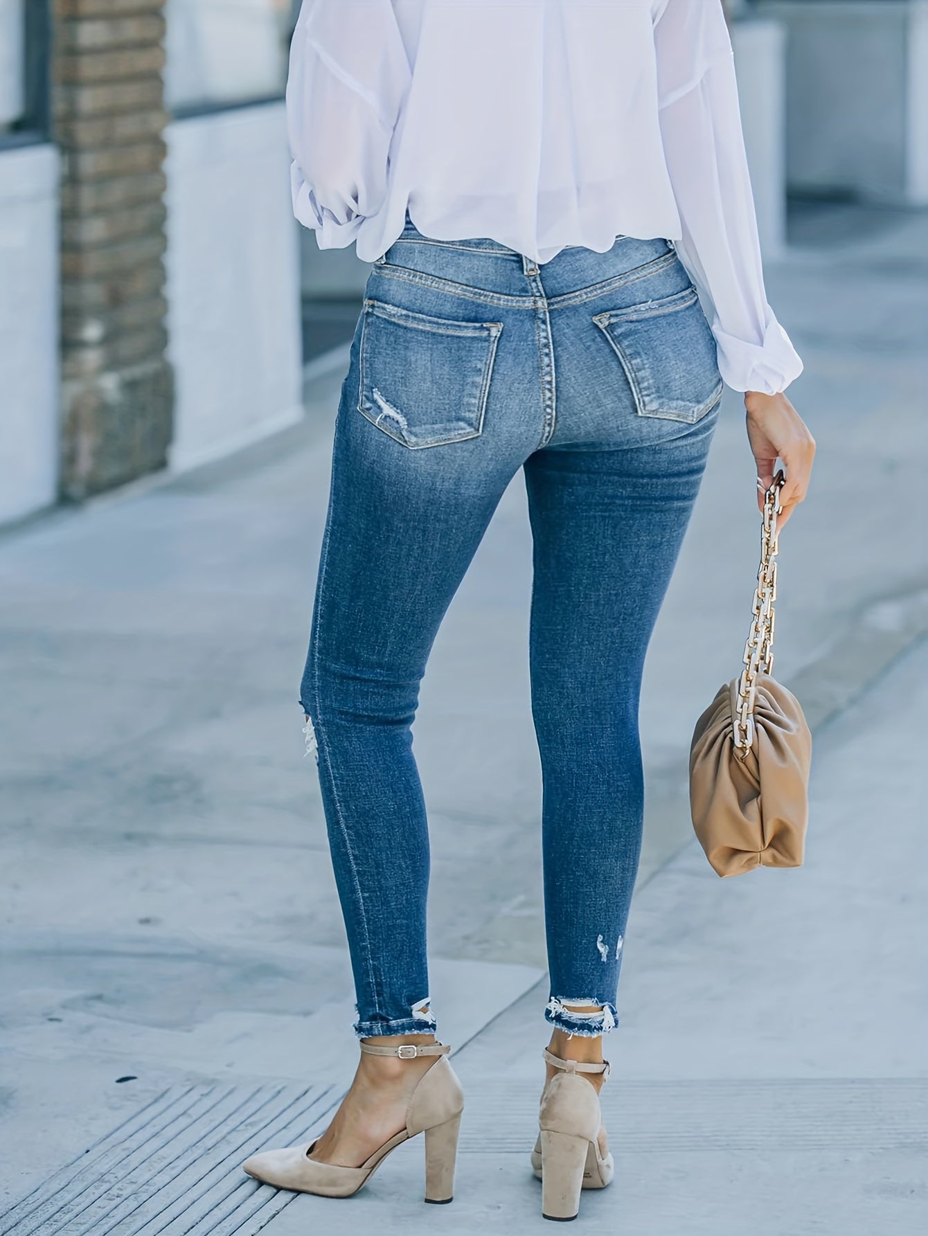  Solid Ripped Button Fly High Rise Skinny Jeans