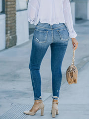  Solid Ripped Button Fly High Rise Skinny Jeans