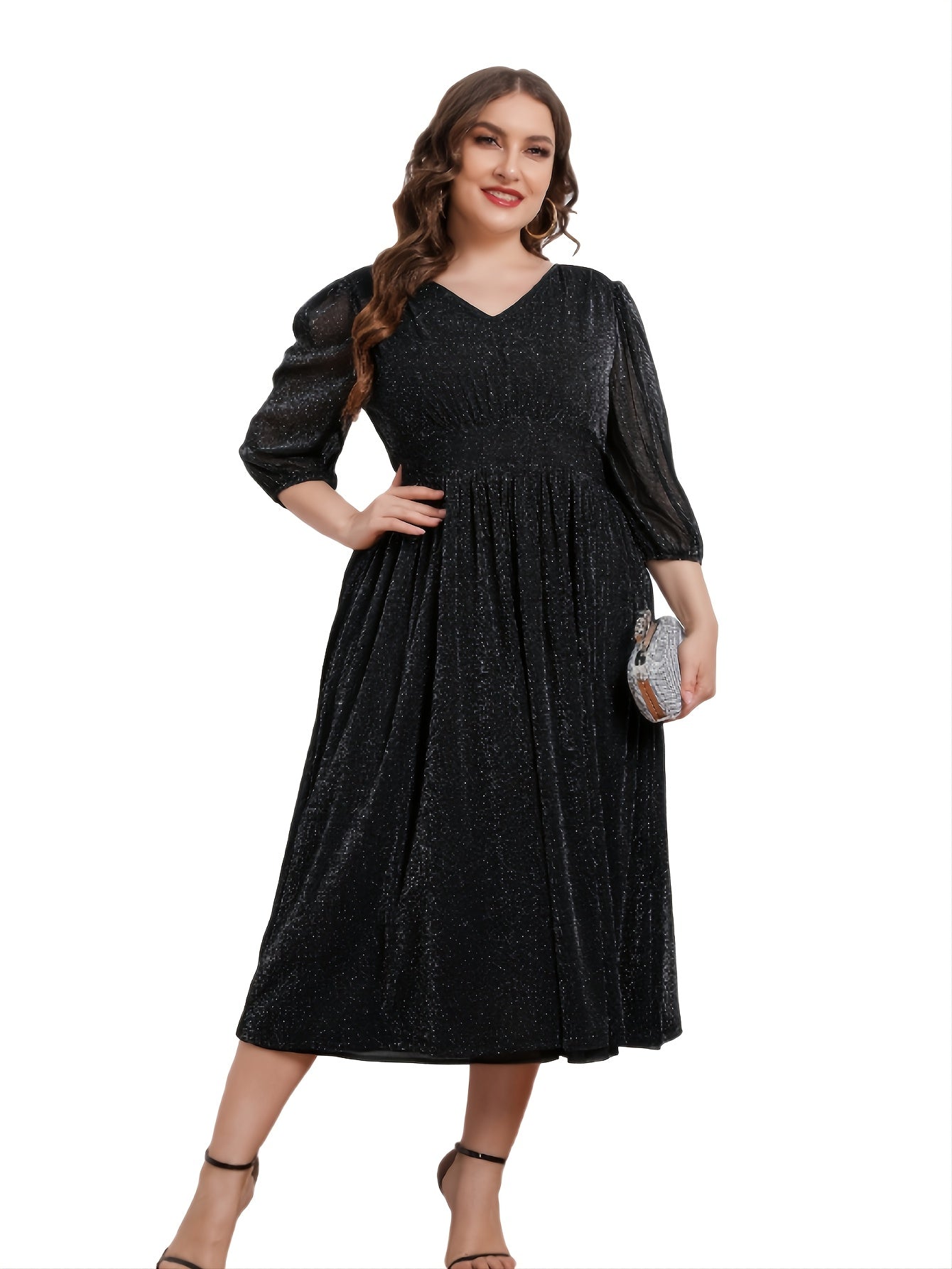  V Neck 3 4 Lantern Sleeve Midi Dress