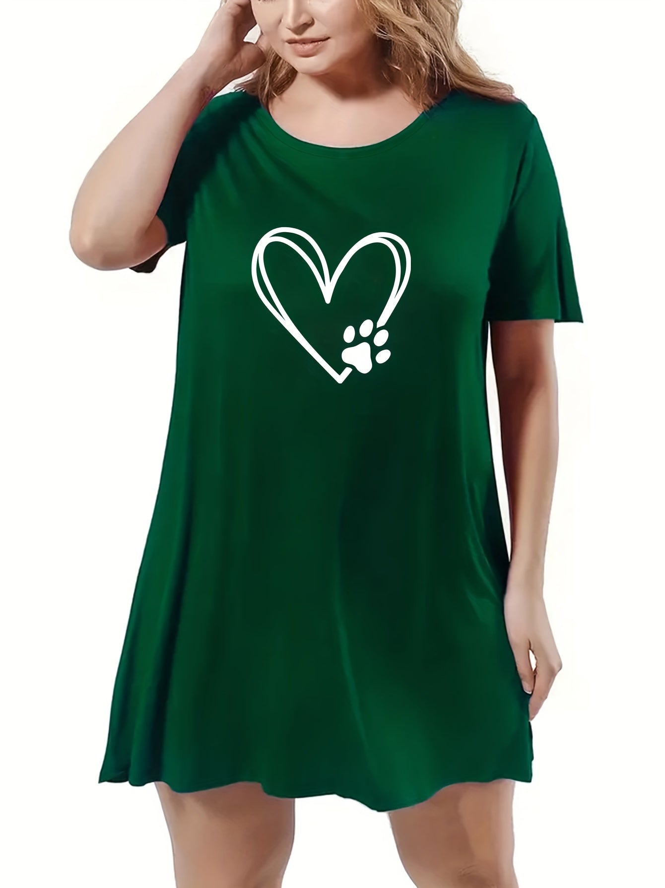  Casual Nightdress Women's Plus Paw Print Short Sleeve Tee Dress