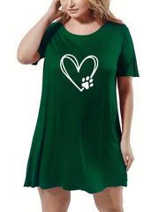  Casual Nightdress Women's Plus Paw Print Short Sleeve Tee Dress