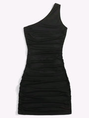 Y2K Solid One Shoulder Dress Bodycon Ruched Sleeveless Dress