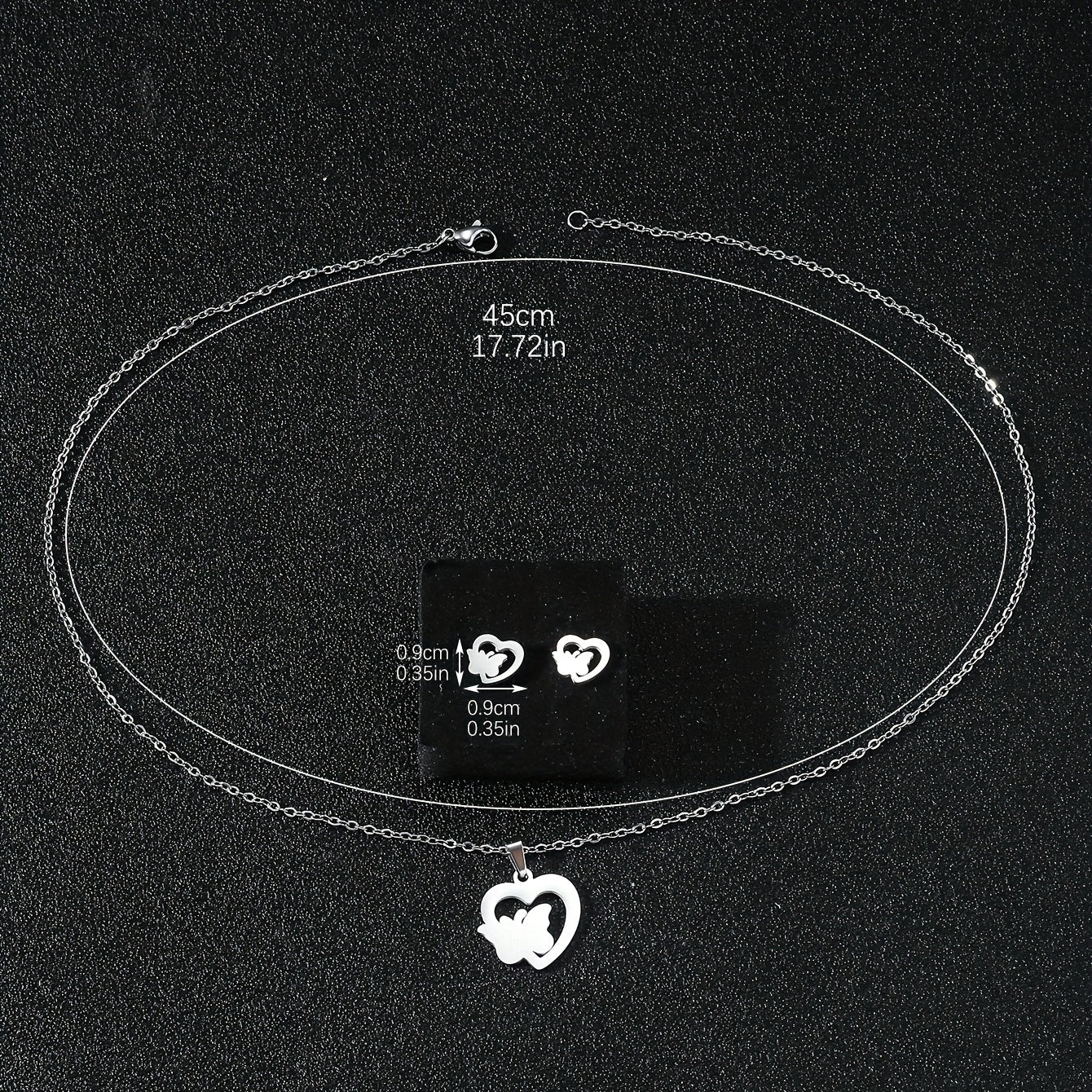 Stainless Steel Butterfly Flower Heart Stud Earrings & Necklace Set