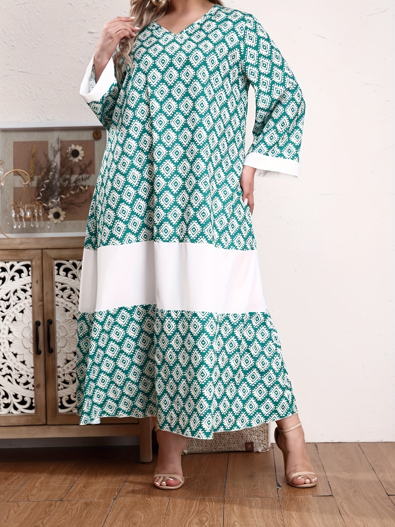  Abaya Dress Women's Plus Colorblock Argyle Print Long Sleeve V Neck