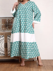  Abaya Dress Women's Plus Colorblock Argyle Print Long Sleeve V Neck
