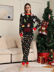 Cartoon Print Christmas Pajama Set Long Sleeve Top & Elastic Waistband