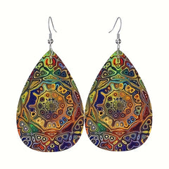 Boho Patterned Leather Teardrop Earrings for Men