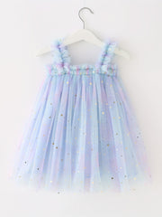 Toddler Girls Sequin Stars Moon Frill Trim Shirred Rainbow Princess Cami Dress