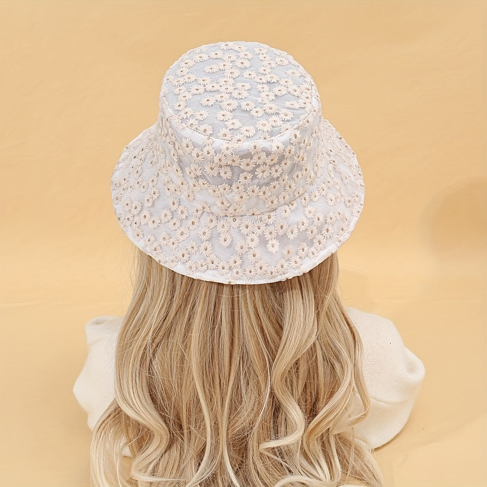 Flower Embroidery Bucket Hat Mesh Breathable Lightweight Sun Hats