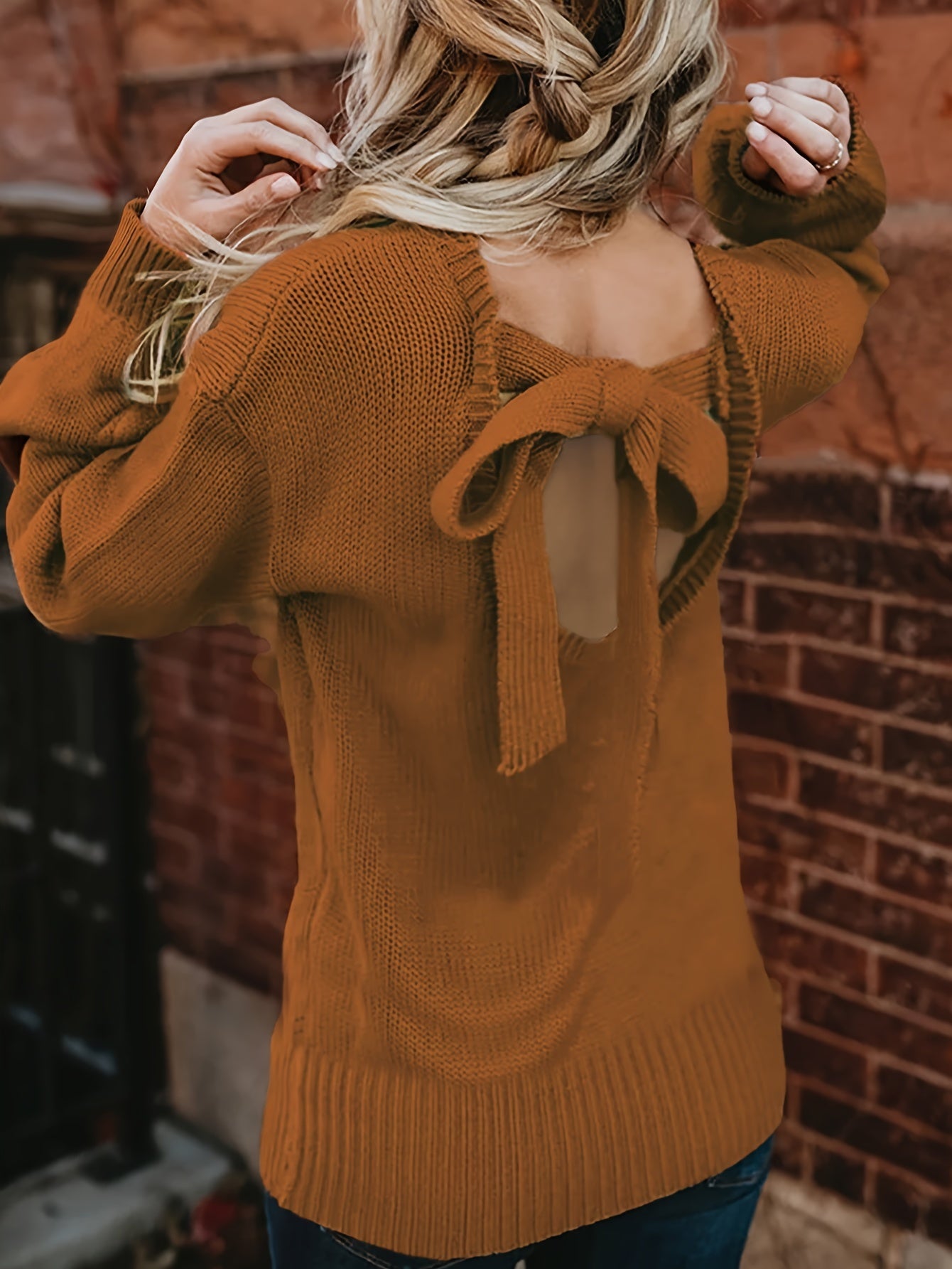  Solid Color Sweater with Knot Back Detail