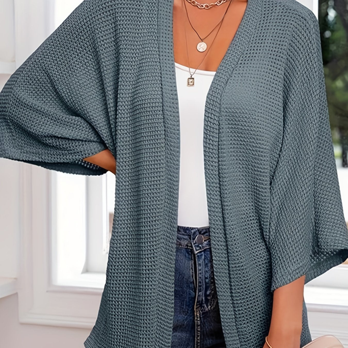  Casual Cardigan Women's Plus Solid Waffle Knit Open Front Cardigan