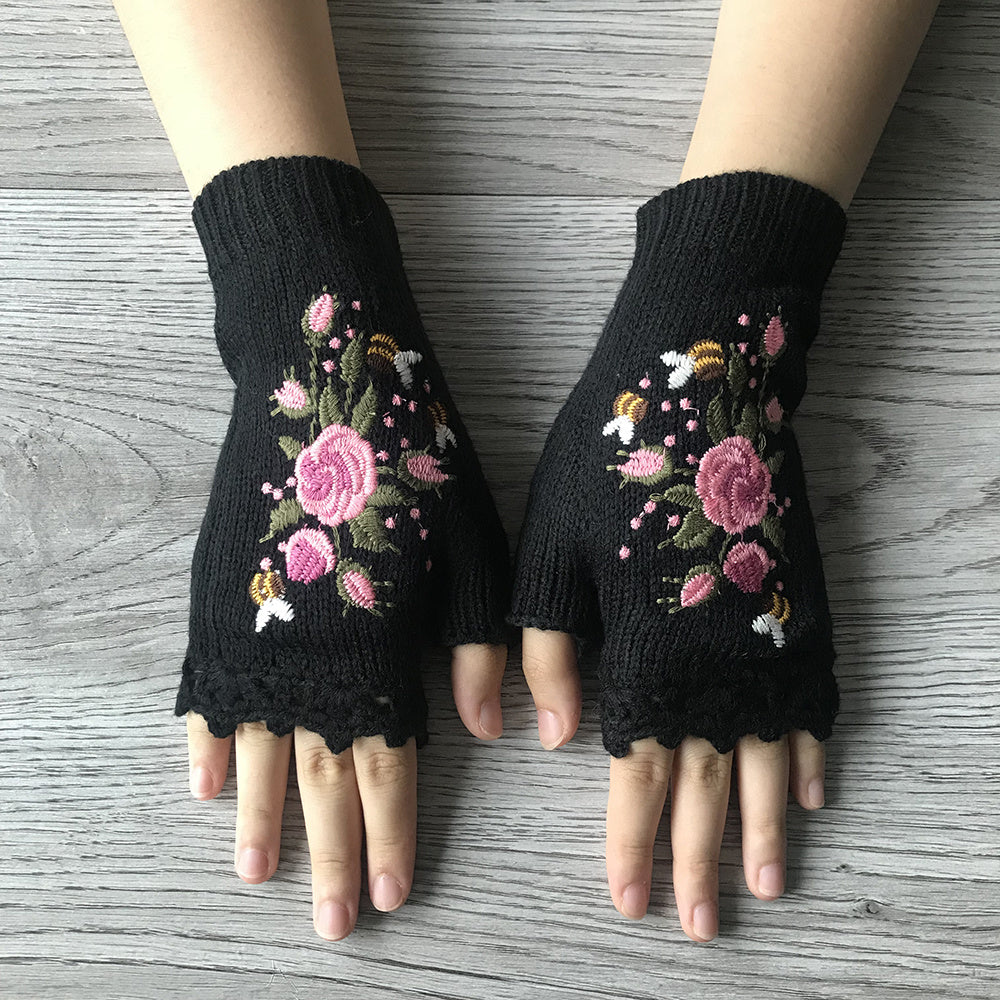 Women's Flower Knit Fingerless Gloves