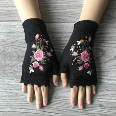 Women's Flower Knit Fingerless Gloves