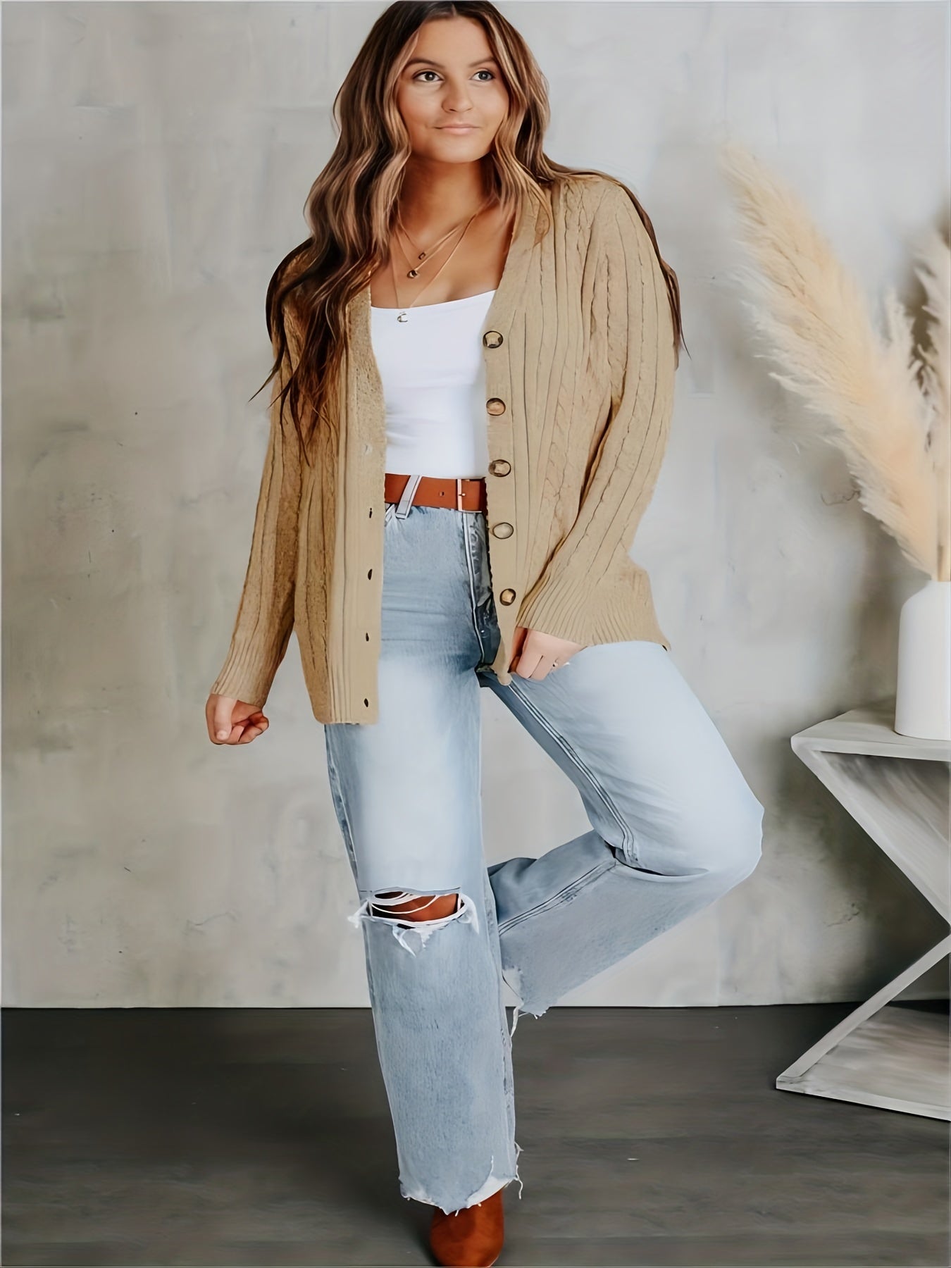  Solid Cable Button Long Sleeve Cardigan