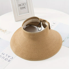 Women's Roll Up Straw Beach Sun Visor Hat Wide Brim Bowknot Cap