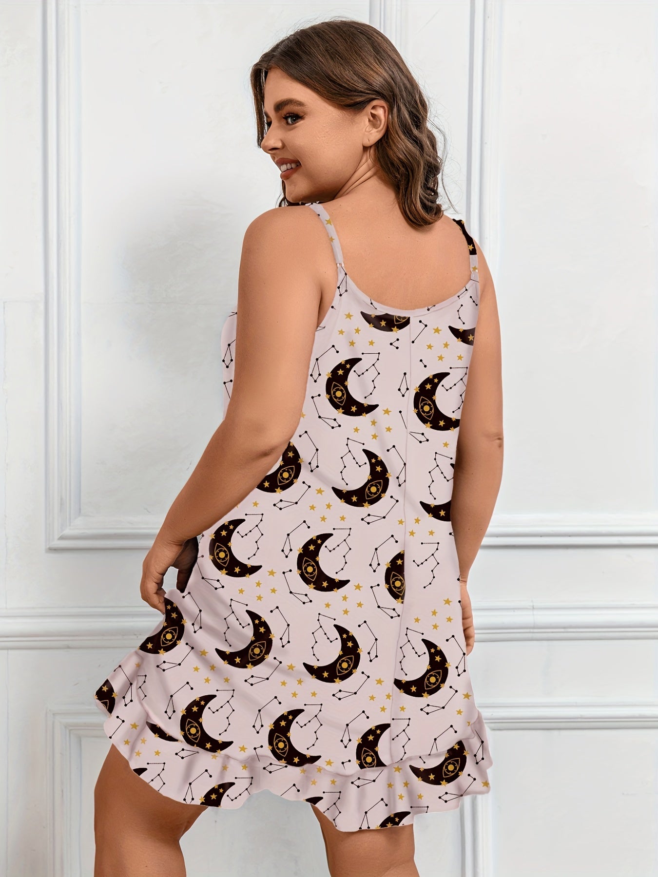  Heart Moon Print Nightdress Round Neck Ruffle Trim