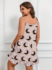  Heart Moon Print Nightdress Round Neck Ruffle Trim