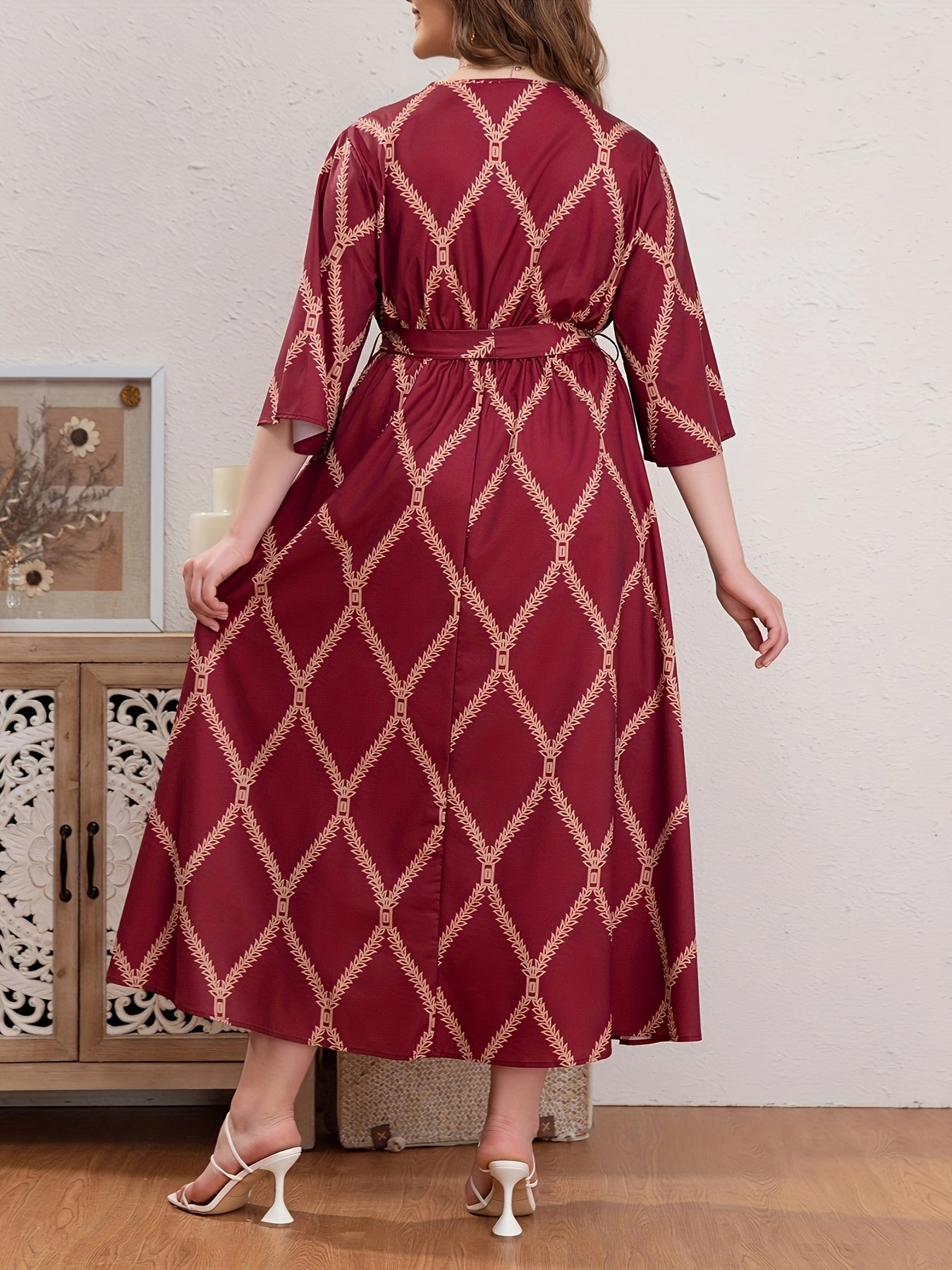  Boho Abaya Dress Women's Plus Argyle Print Three Quarter Sleeve