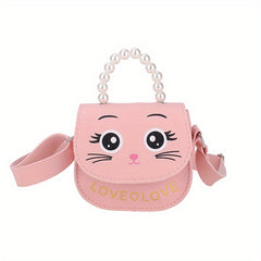 Girls Cat Shoulder Bag With Pearl Handle Strap Sweet Handbag Crossbody Bag